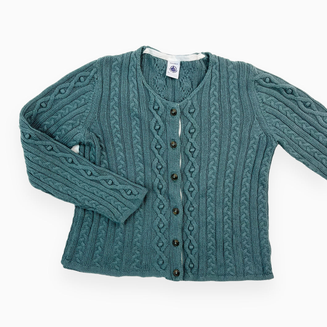 Cardigan teal en tricot torsadé coton et laine 6Y