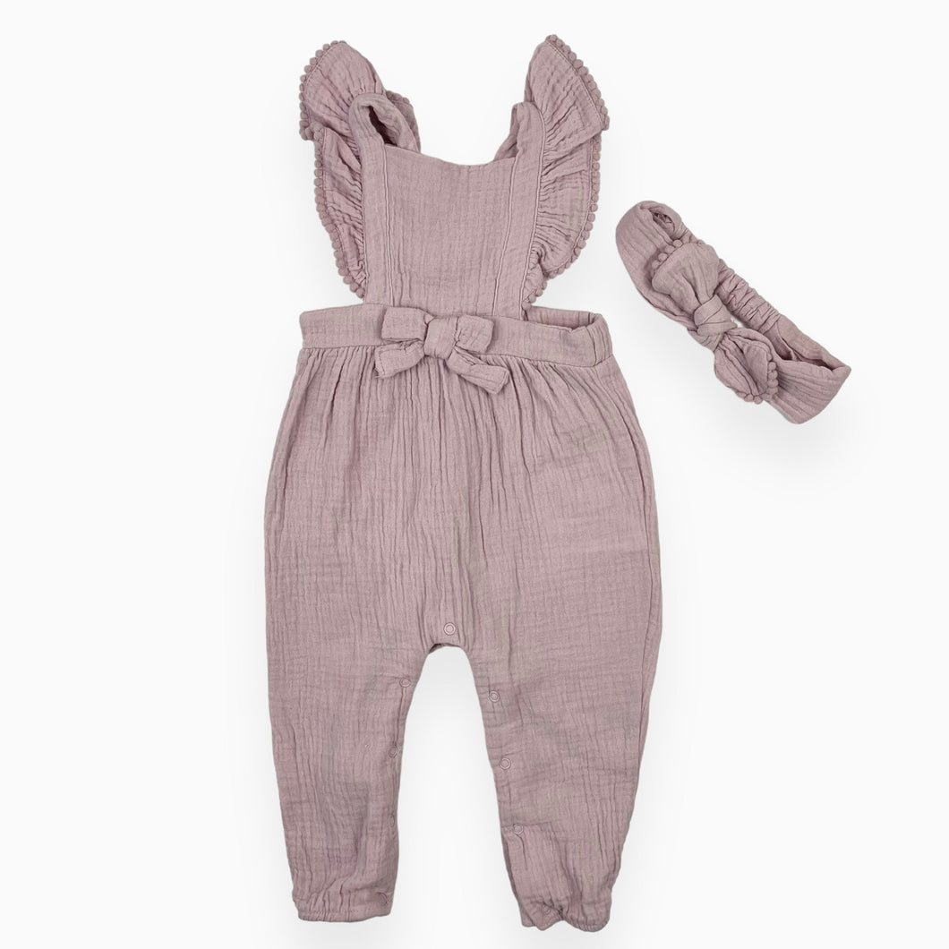 Salopette vieux mauve en mousseline de coton avec bandeau 12M