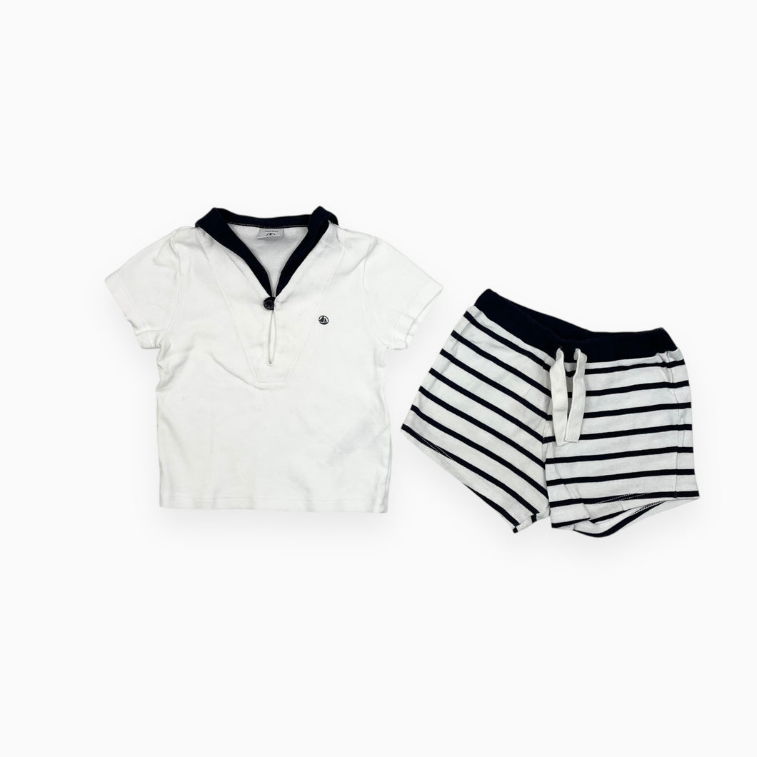 Ensemble t-shirt à col matelot blanc et marine avec short en coton 12M