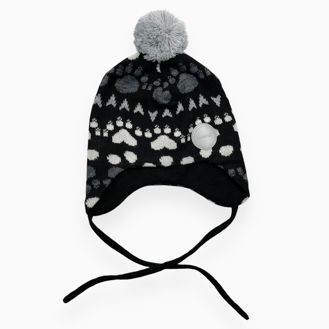 Tuque noire à pompon gris en laine et acrylique 1-2Y