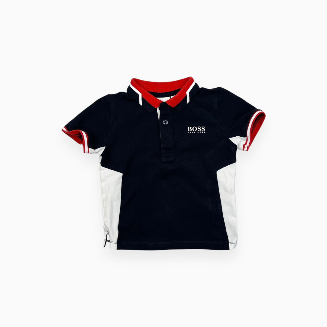 T-shirt marine à col polo avec détail rouge en coton piqué 18M