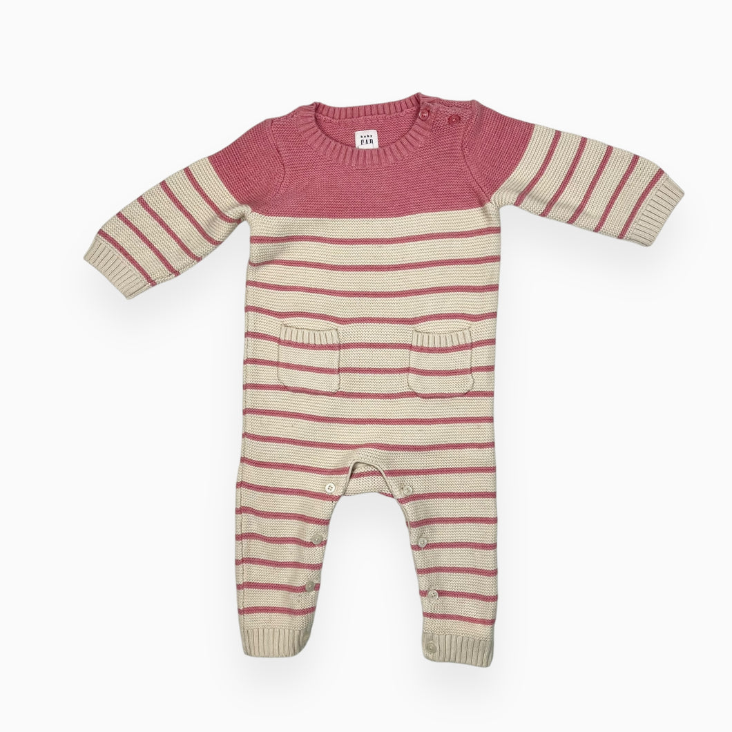 Combi crème en tricot de coton à rayures roses 6-12M