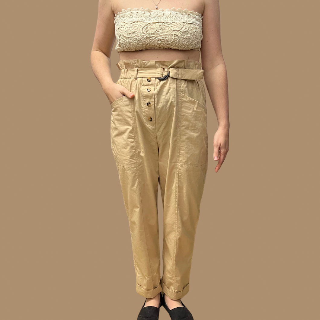 Pantalon beige paperbag en fin coton pour femmes L