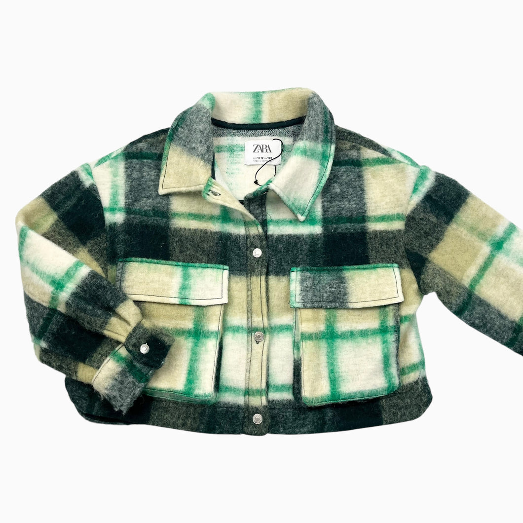 Veste cropped en laine et poly à carreaux verts 11-12Y