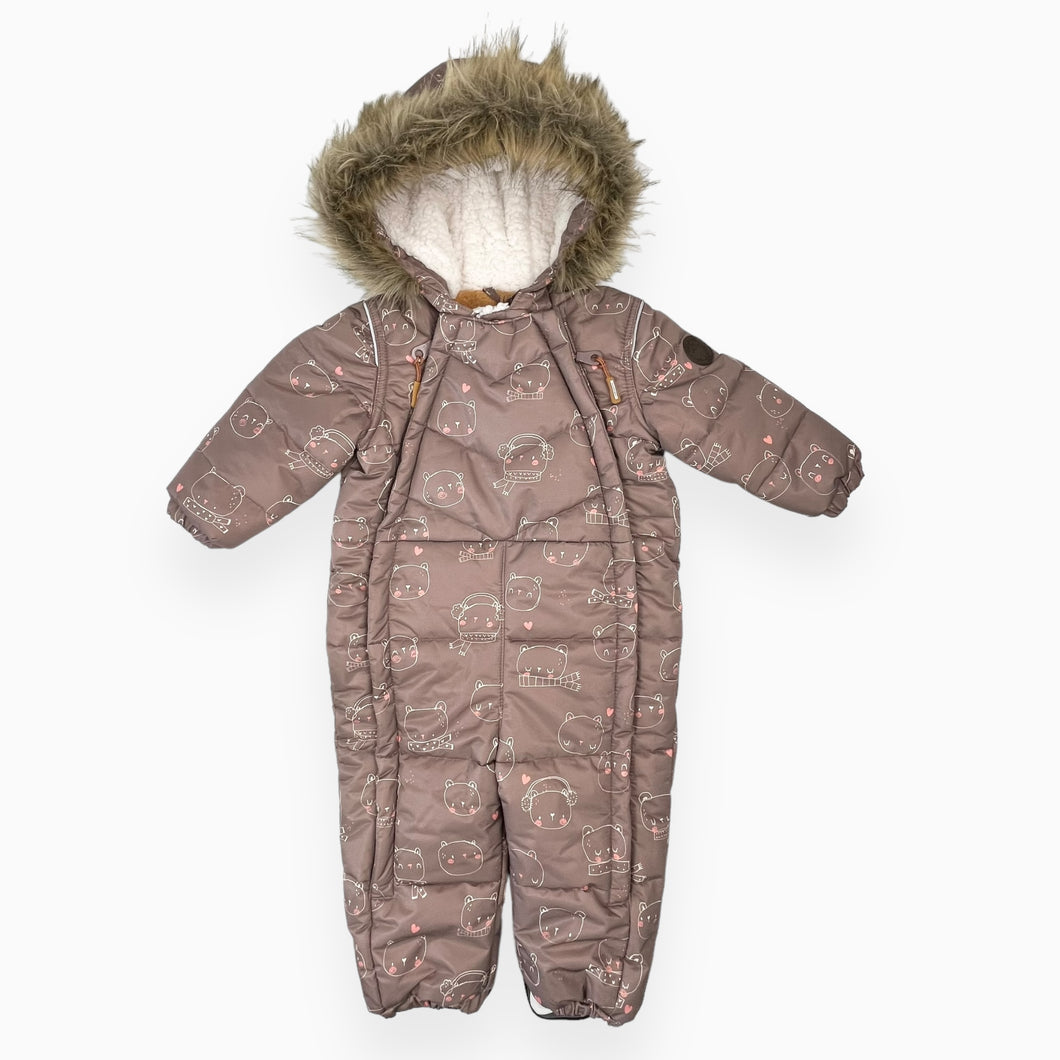 Habit de neige taupe à motif ourson avec fourrure amovible 12-18M