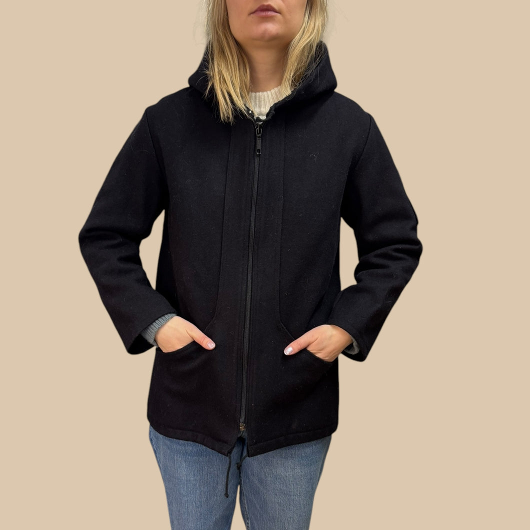 Manteau vintage mi-long marine profond en laine feutrée et polyamide avec capuchon pour femmes S