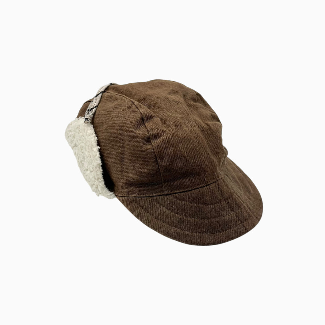 Casquette aviator marron en coton ciré et sherpa avec attache ajustable 52-54cm