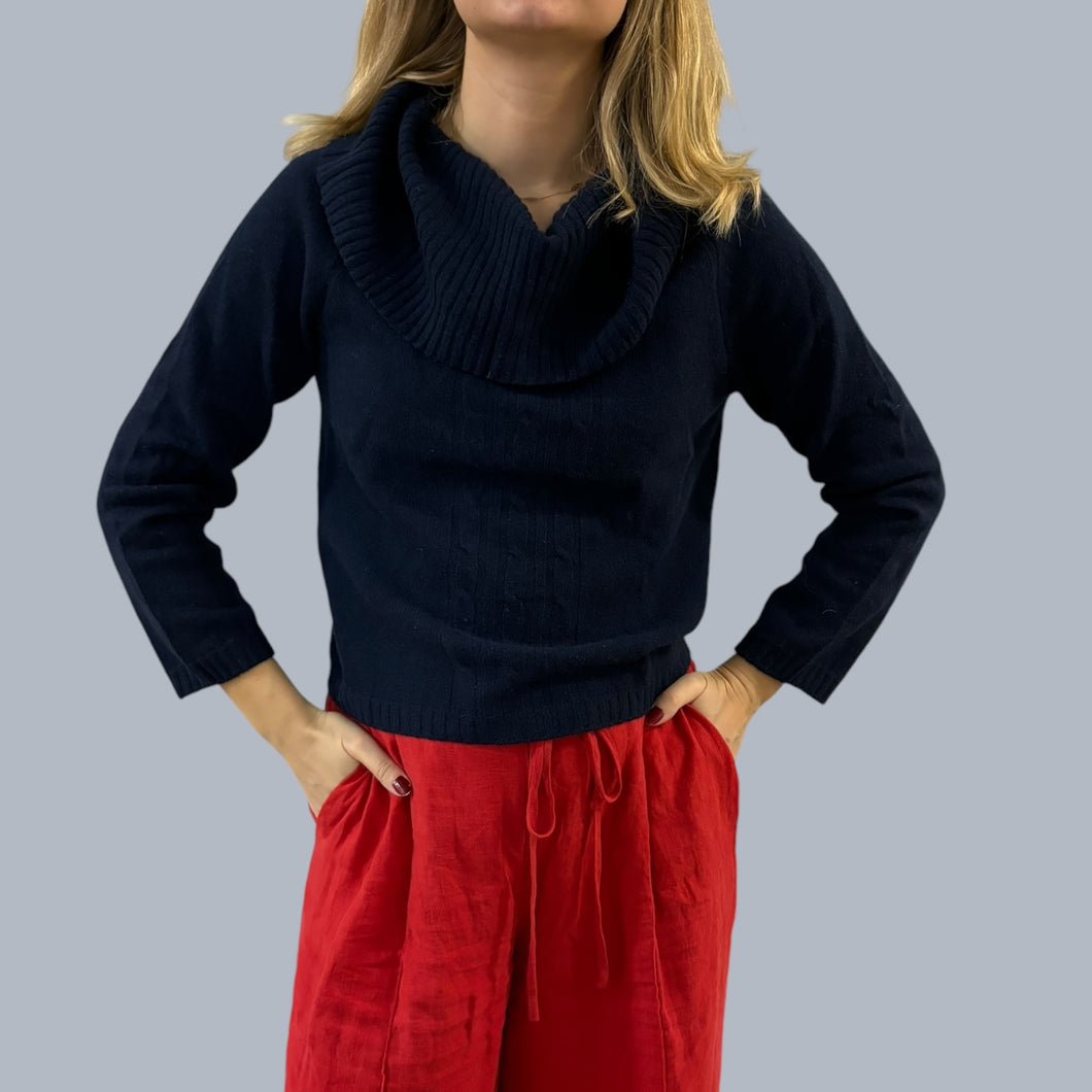 Pull marine large col roulé en laine et cachemire manche 3/4 pour femmes XS