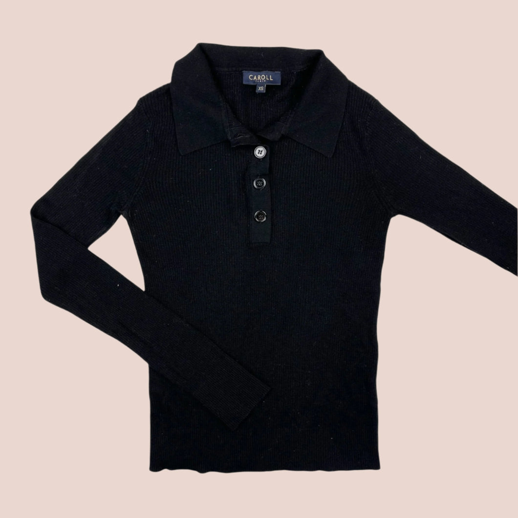 Pull noir en fin tricot côtelé avec col polo pour femmes XS