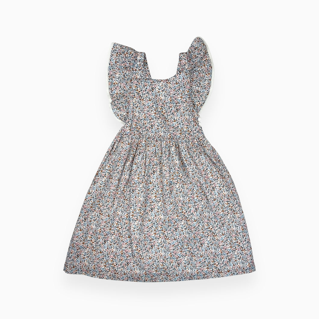 Robe en coton doublé à imprimé floral avec dentelles aux volants 10Y