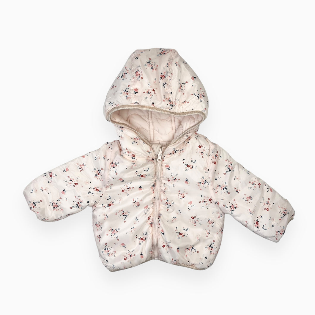 Manteau style puffer réversible rose pâle et motif floral 9-12M