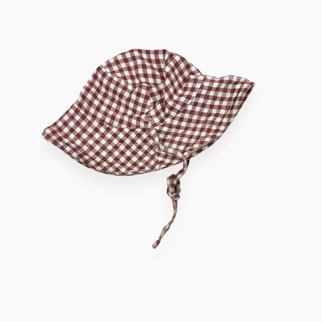 Chapeau soleil en coton bio à motif vichy bordeau et crème 48cm