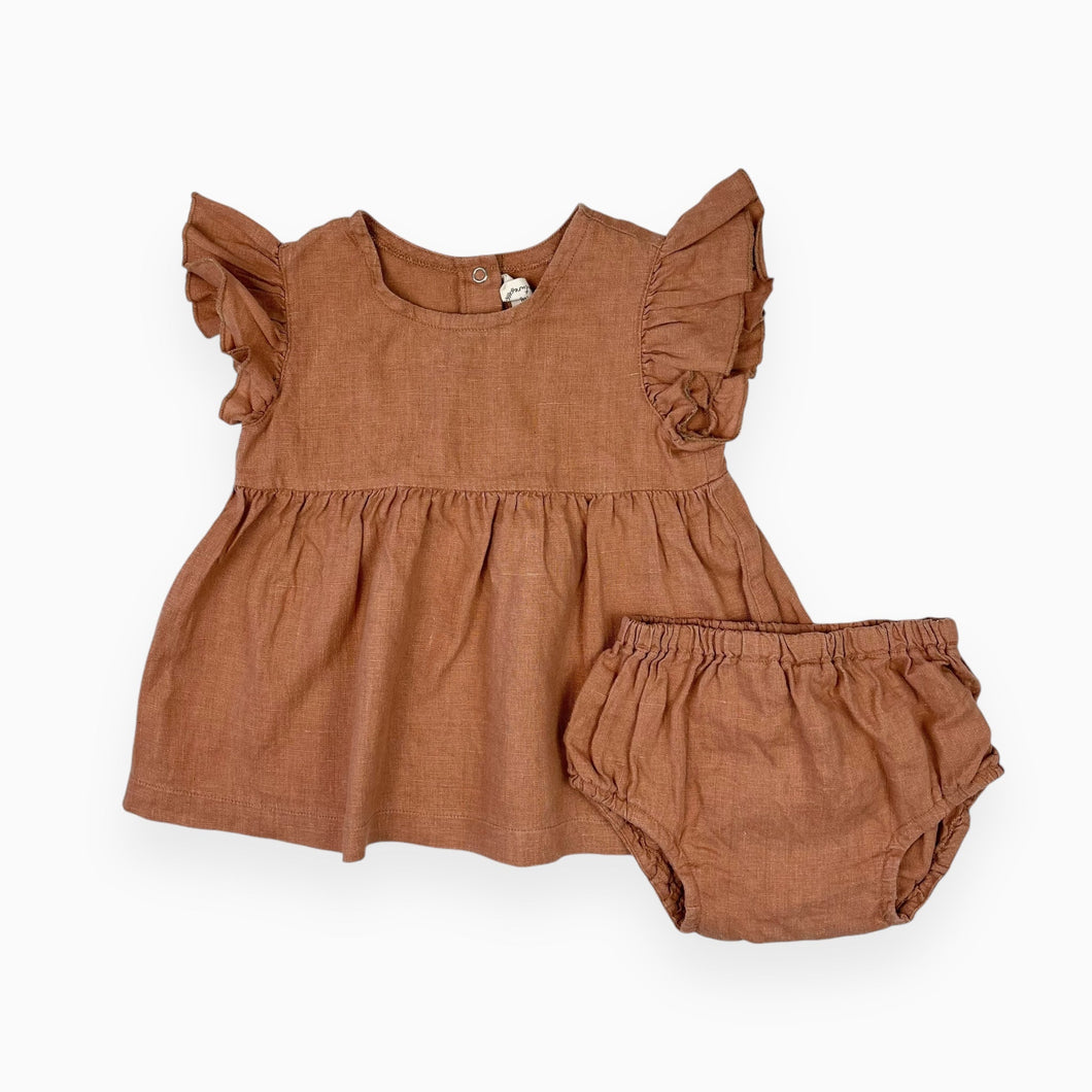 Ensemble blouse et bloomer terracotta en lin 18-24M