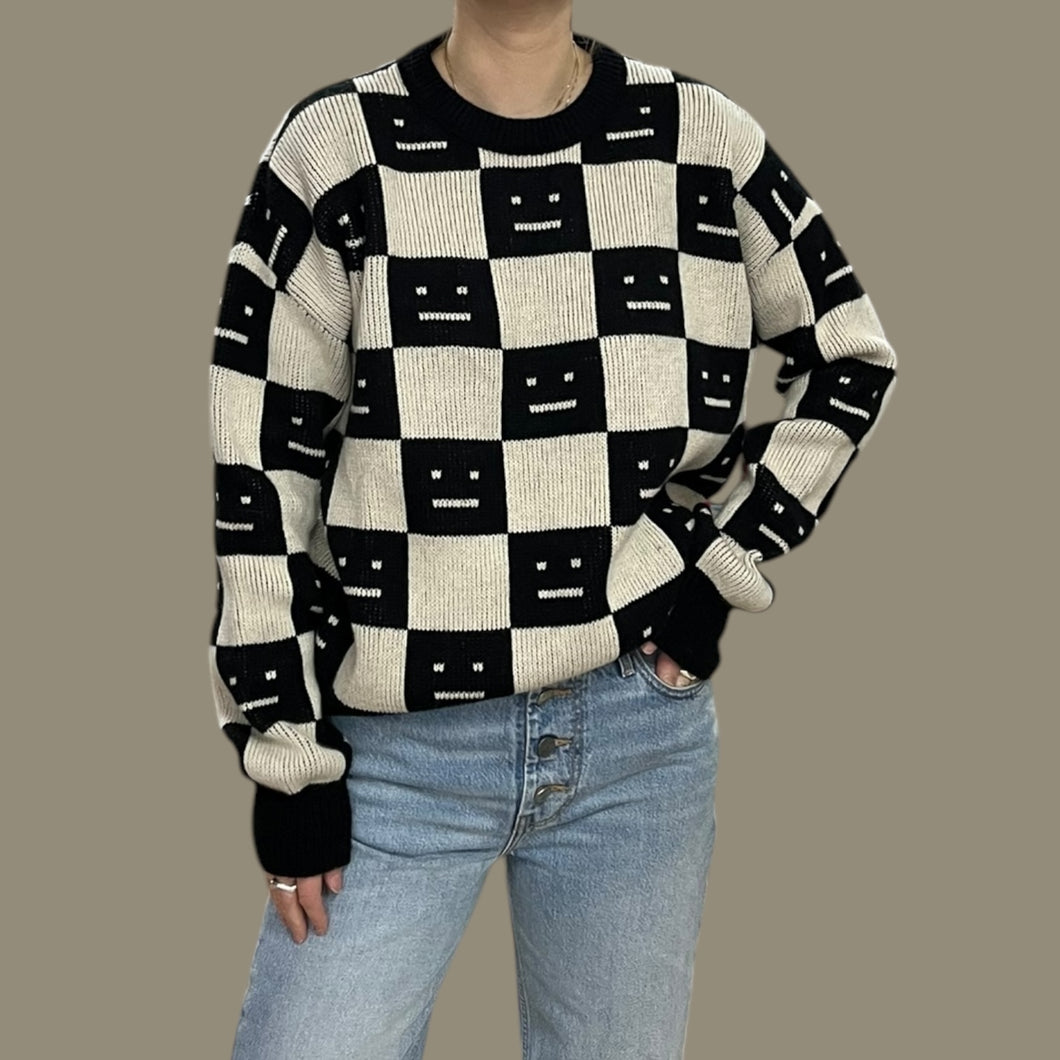 Pull en tricot de laine à motif damier logo visage emblémathique pour femmes S