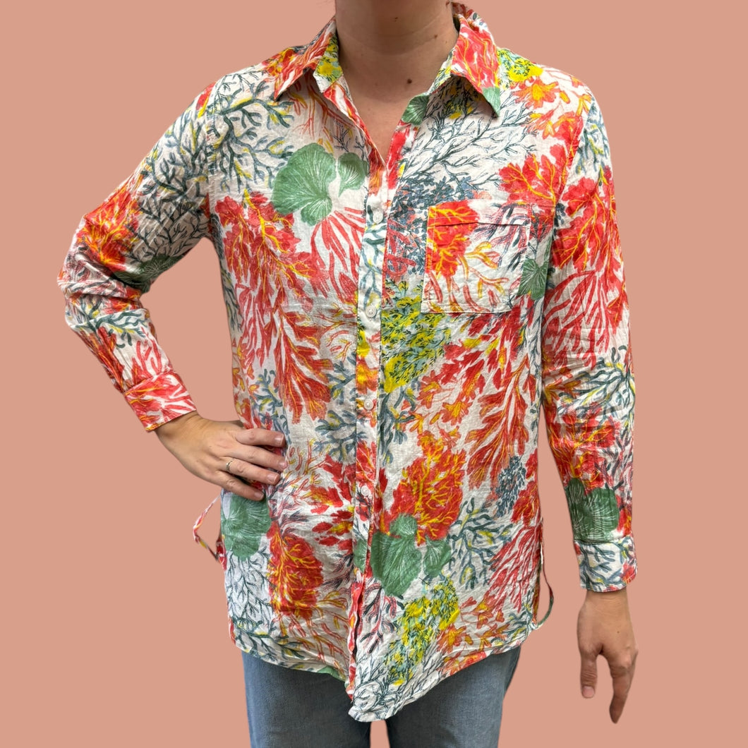 Chemise de plage en coton fleuri texturé pour femmes M