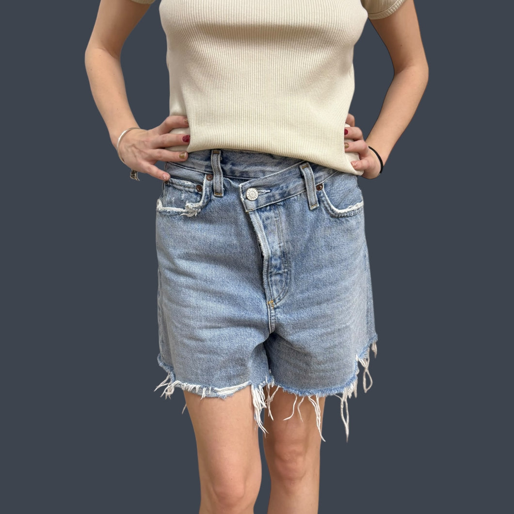 Short en denim bleu délavé pour femmes 24EU