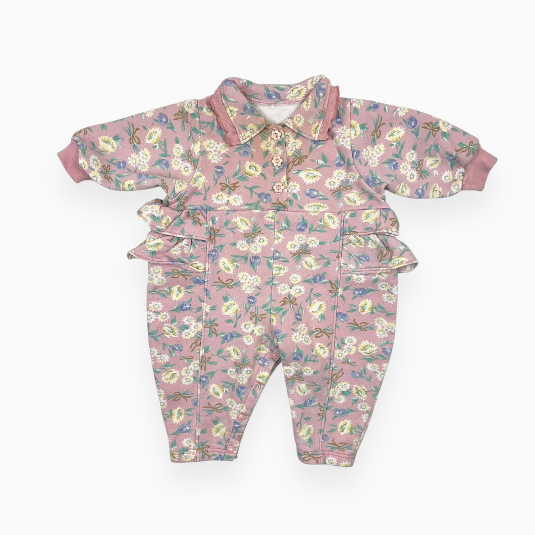 Combi vintage rose fleuri en coton ouaté avec volant 0-6M