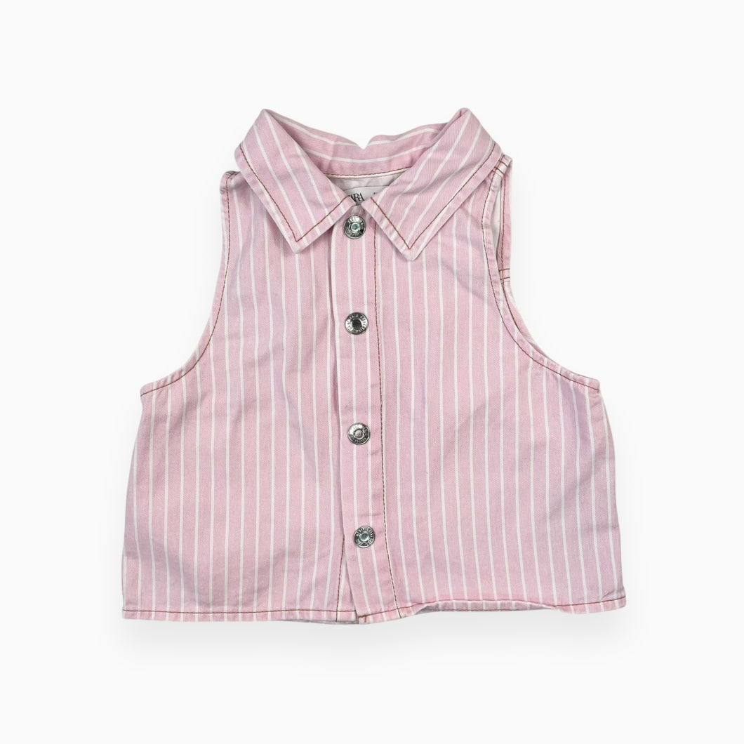 Chemise cropped sans manche en denim rose à rayures blanches 9-10Y