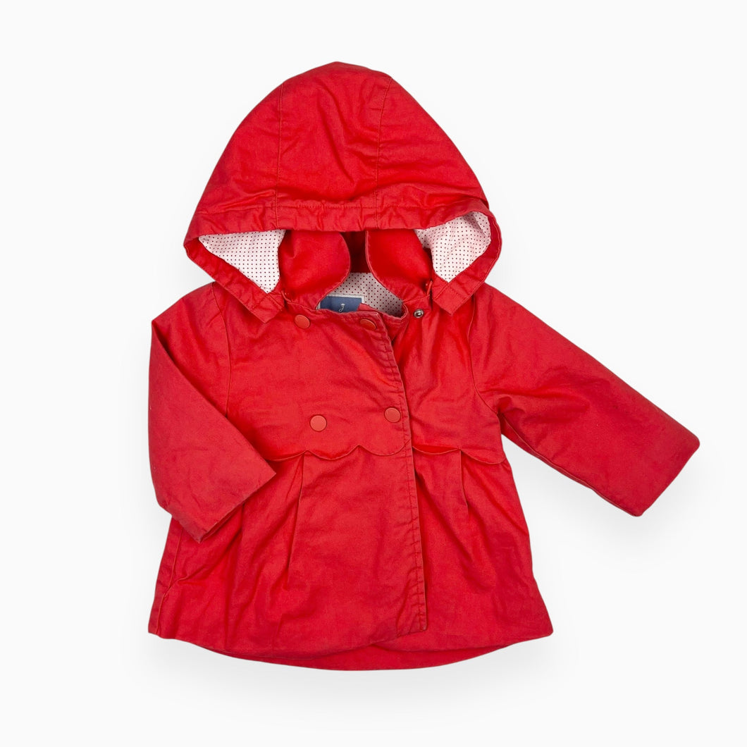 Manteau mi-saison rouge fraise à capuchon en coton avec détail festonné 12M