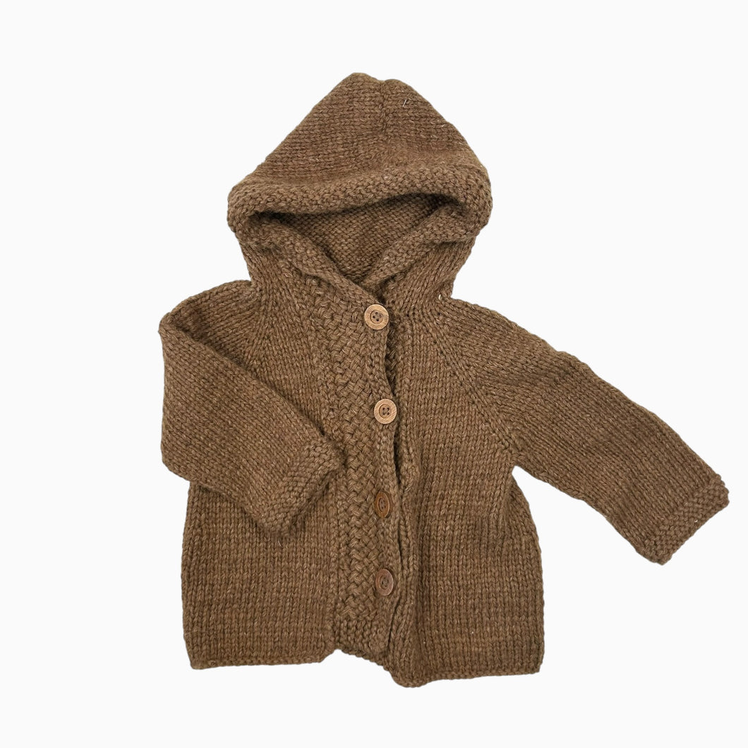 Cardigan à capuchon en tricot de laine noisette 2-3Y