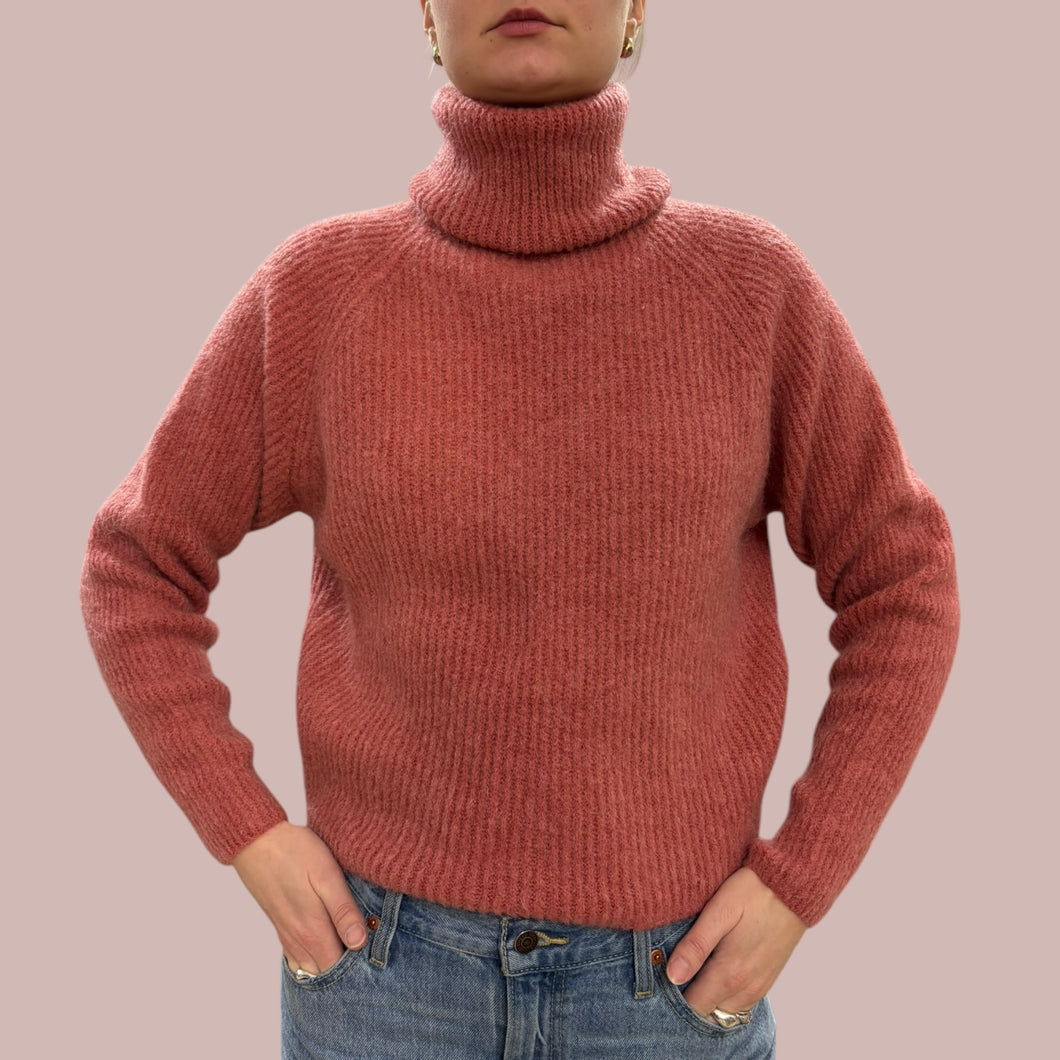 Pull à col roulé cropped rose blush en tricot d'acrylique, laine, polyamide et mohair fait en Italie pour femmes S