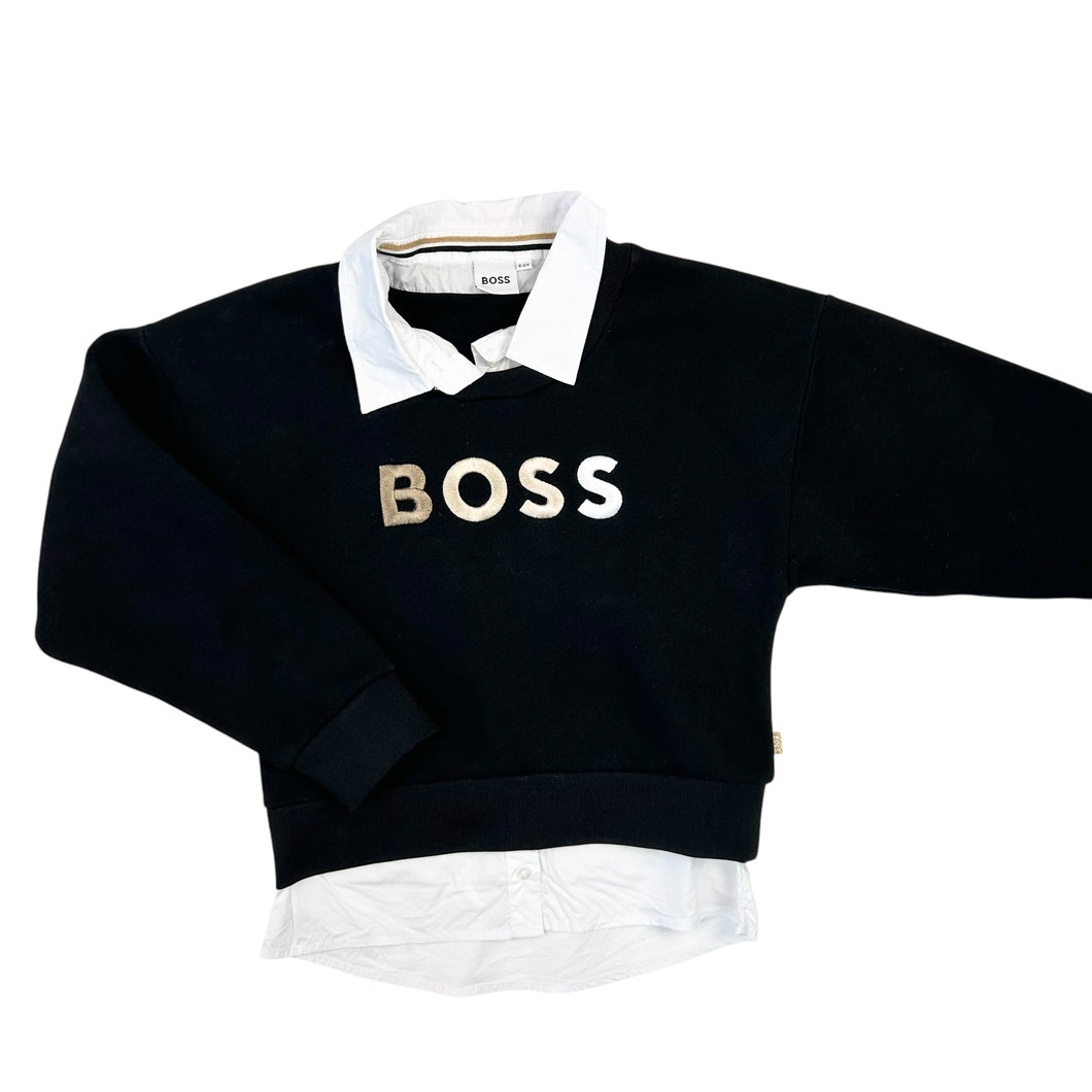 Pull noir en coton et poly avec col chemise intégré et logo brodé champagne 8Y