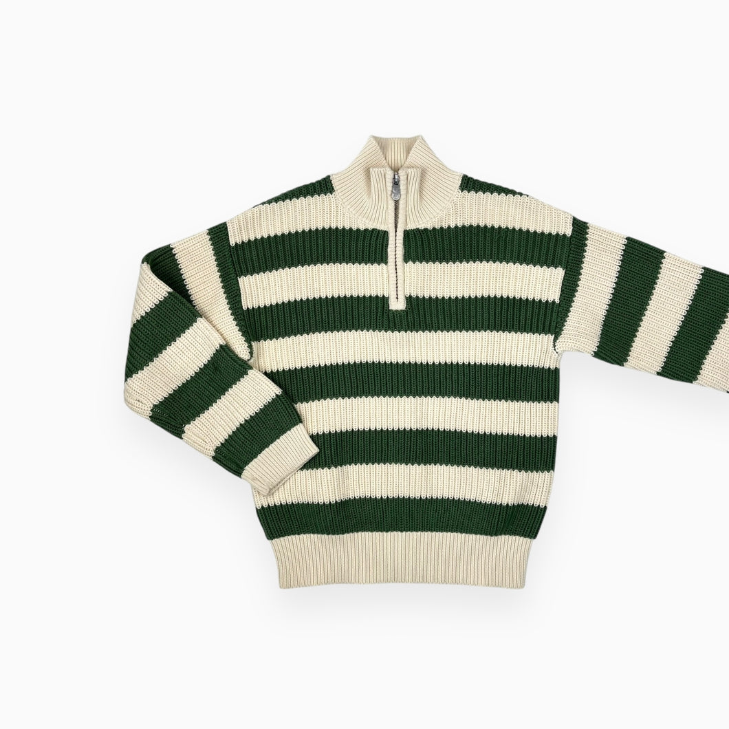 Pull demi-zip en tricot de coton à rayures crèmes et vertes 8Y