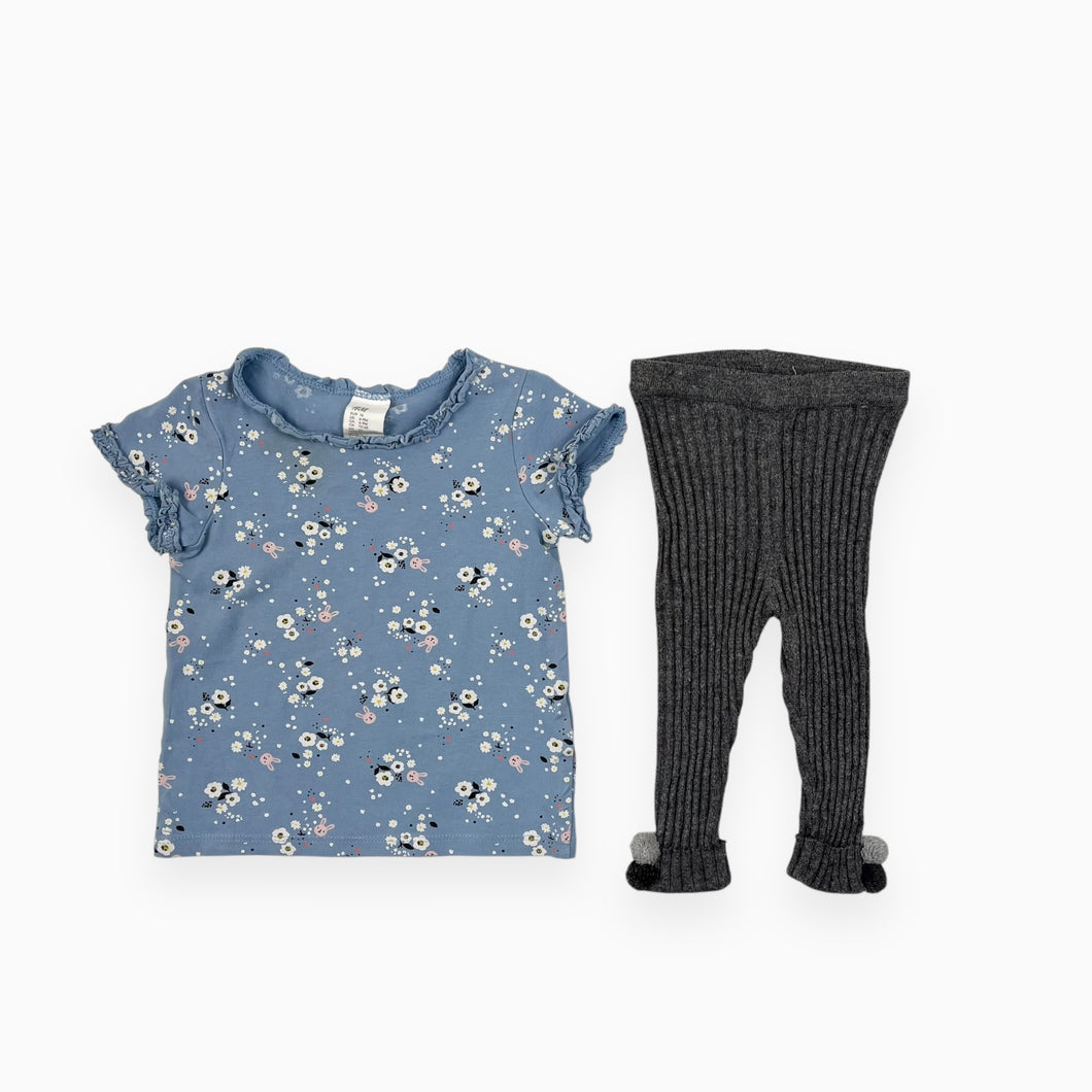 Ensemble t-shirt en coton à imprimé floral avec legging cotelé gris 6-9M