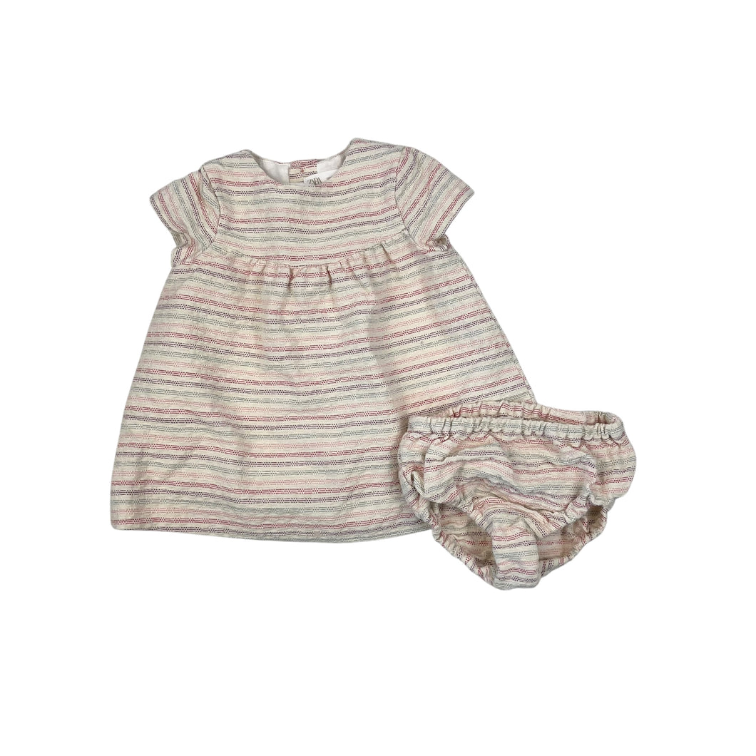 Robe et bloomer crème en coton épais tissé à rayures rose, mauves et bleues 6-9M