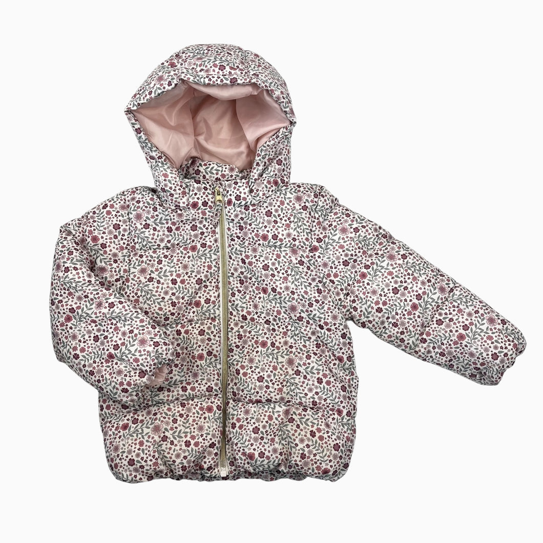 Manteau style puffer à motif floral rose et framboise avec capuchon amovible 3-4Y