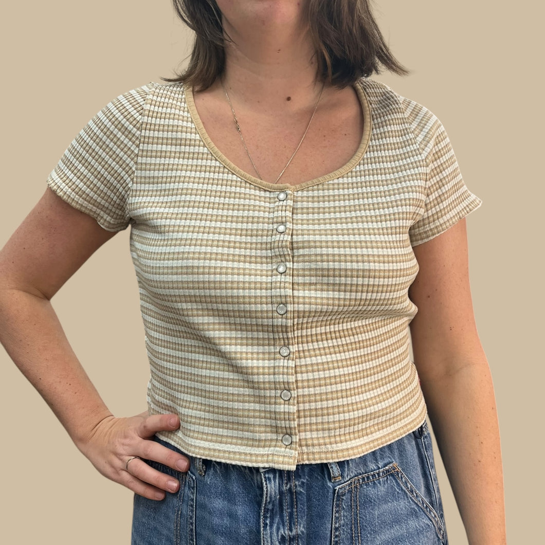 T-shirt 'Britt' cropped en coton cotelé à fines rayures sables, crèmes et bleu ciel pour femmes XL