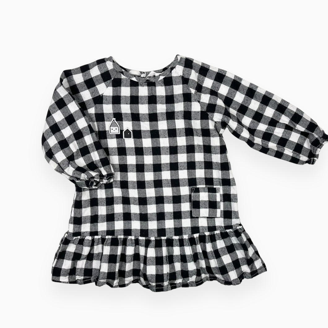 Robe en flanelle de coton à carreaux noirs et blancs avec appliqué maison 9-12M