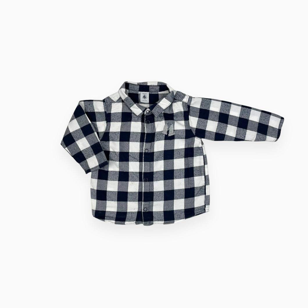 Chemise en flanelle de coton à larges carreaux marines et blancs avec loutres brodées 18M