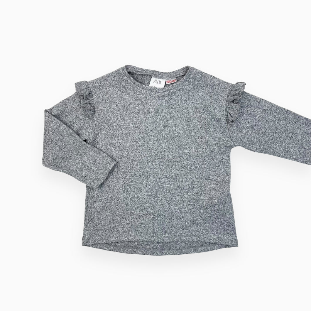 Pull gris chiné avec volants aux manches en poly, viscose extensible 3-4Y