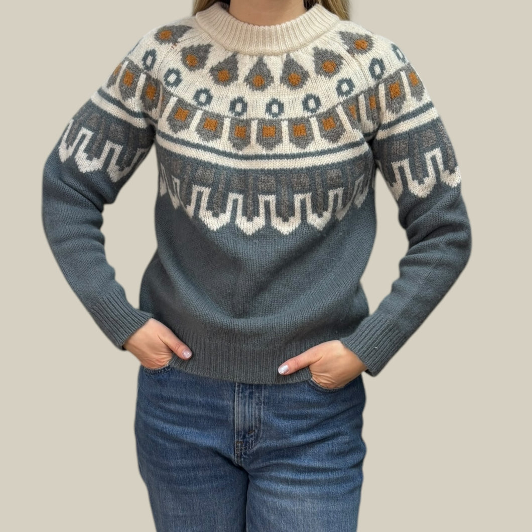 Pull 'fairisle' crème gris et ocre en laine et polyamide pour femmes L (fit S-M)