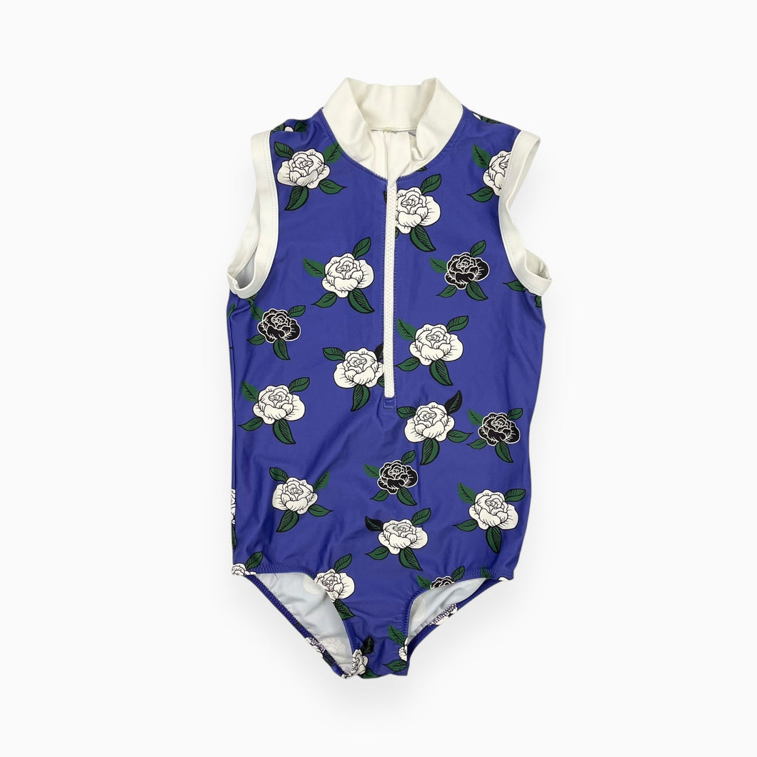 Maillot bleu royal en polyamide extensible imprimé de roses 128-134 (7-9Y) (fait grand)