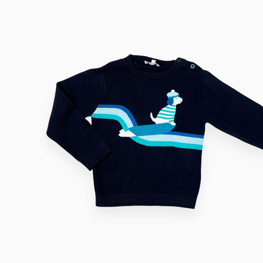 Pull bleu marine en tricot de coton avec chien en barque 36M