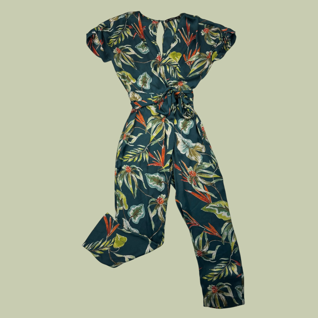 Combi maxi ceinturée en poly satiné à imprimé tropical pour femmes XS