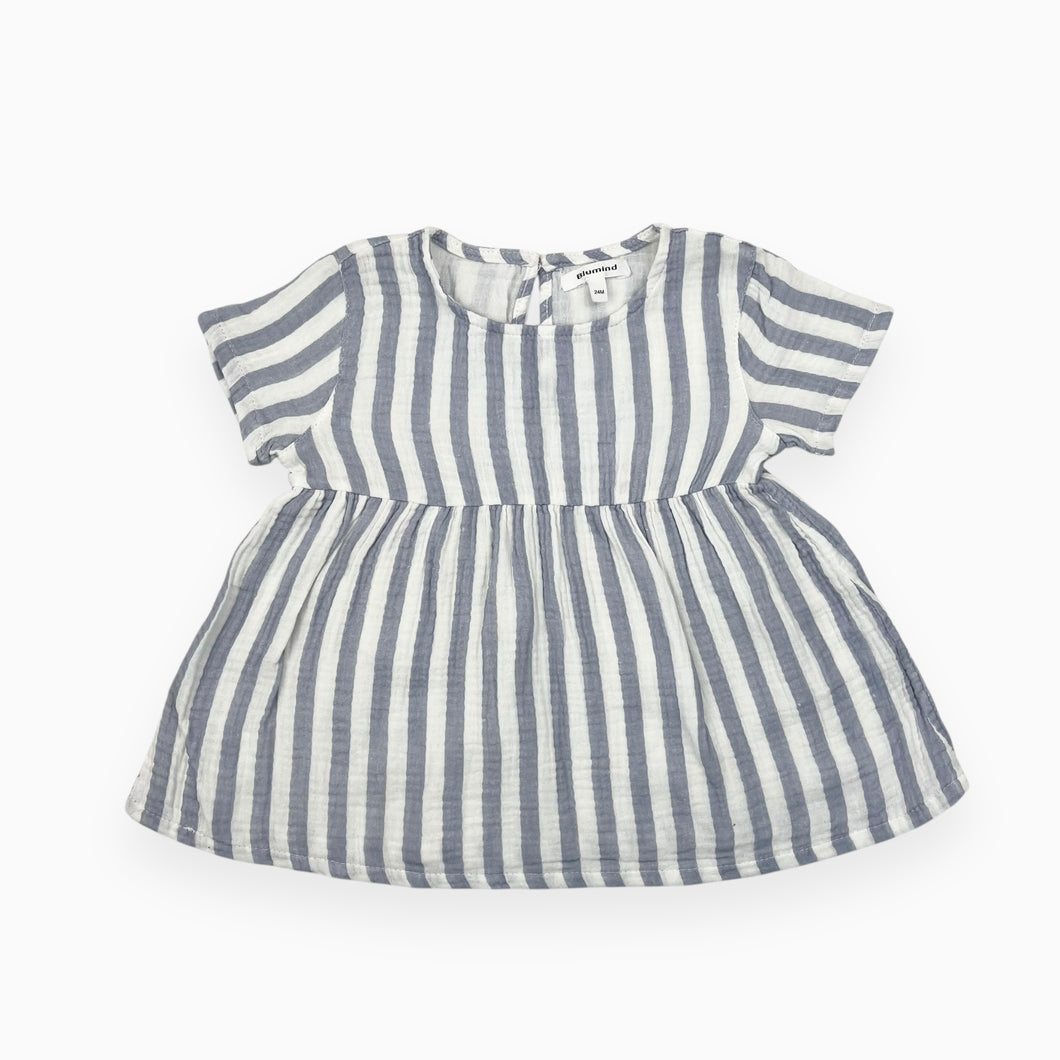 Haut style tunique peplum en mousseline de coton à rayures bleus ciels et blanches 24M