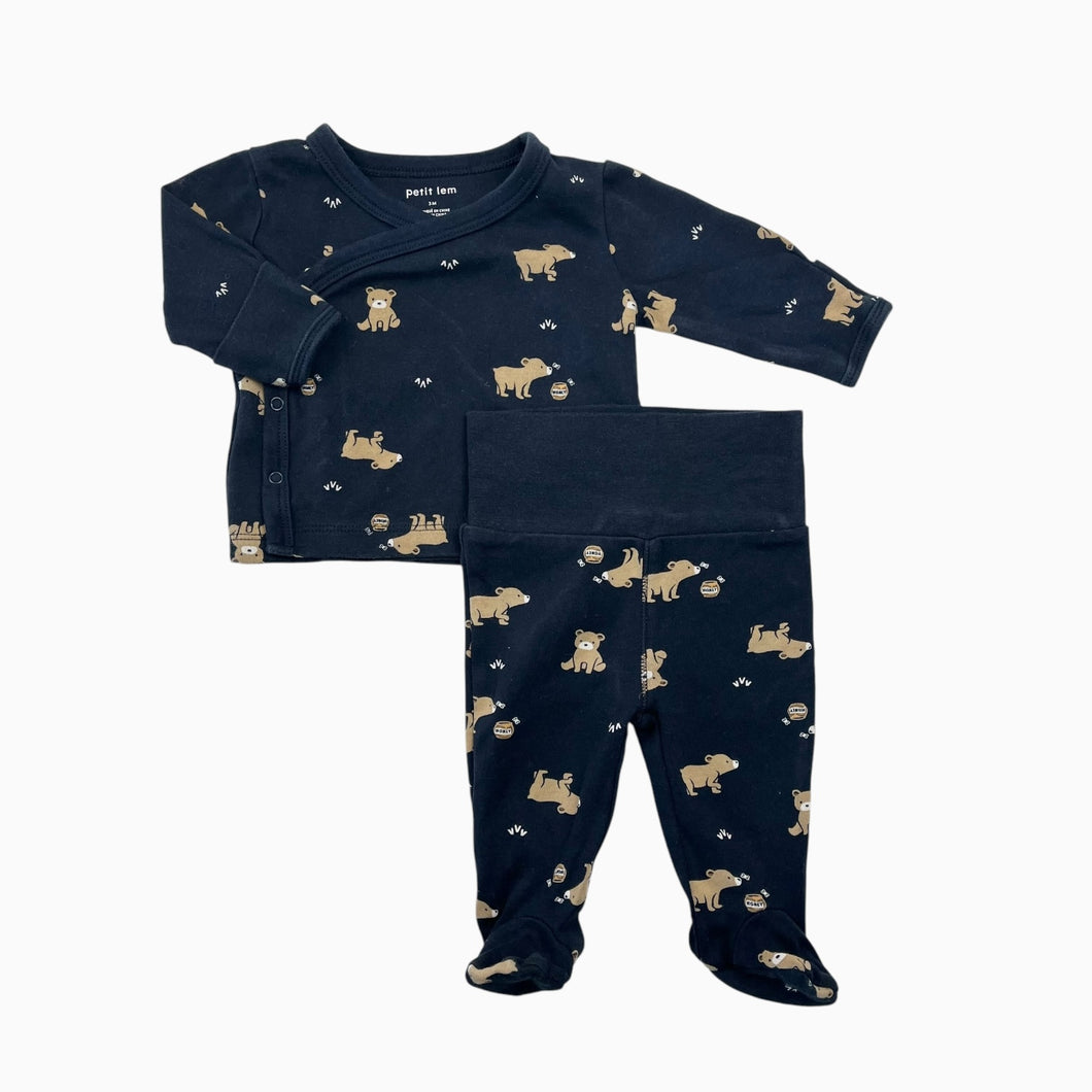 Ensemble marine haut kimono et legging à pieds en coton bio à imprimé oursons 3M