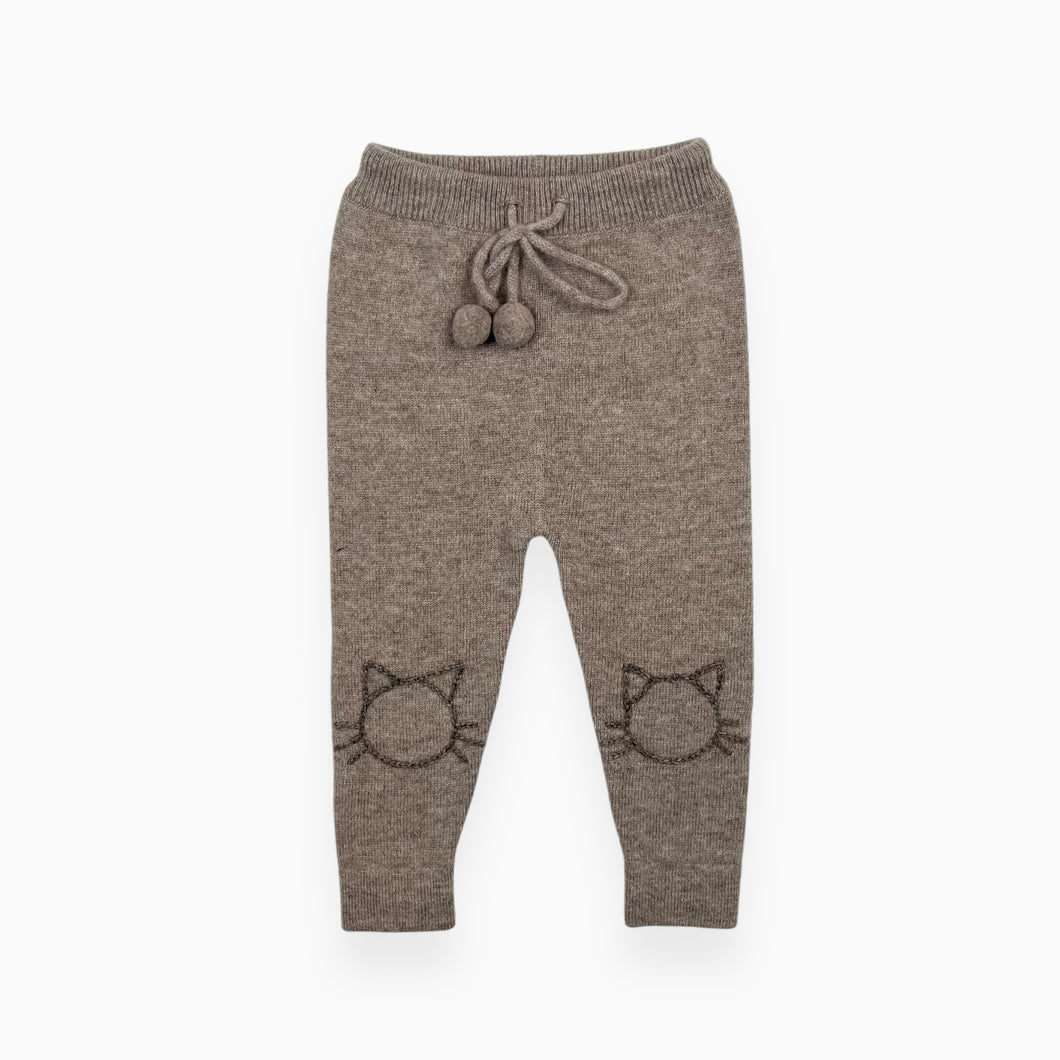 Legging taupe en tricot de cachemire avec chats aux genoux 3-6M