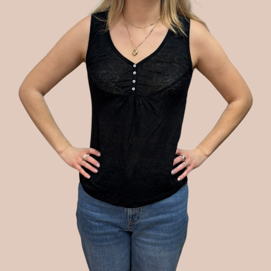 Cami noire en coton et chanvre avec boutons au col pour femmes S