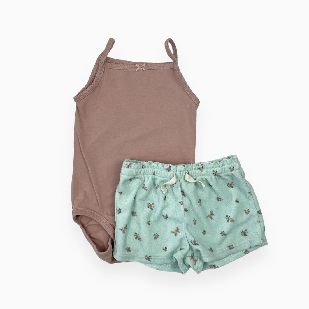 Ensemble cache-couche rose et short aqua en ratine de coton 12-18M