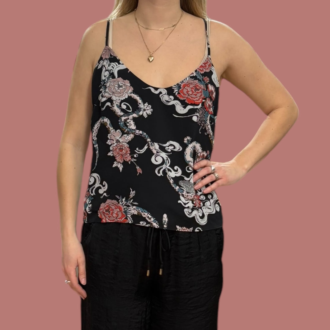 Cami noire à imprimé floral en chiffon de poly doublé avec bretelles ajustables pour femmes M