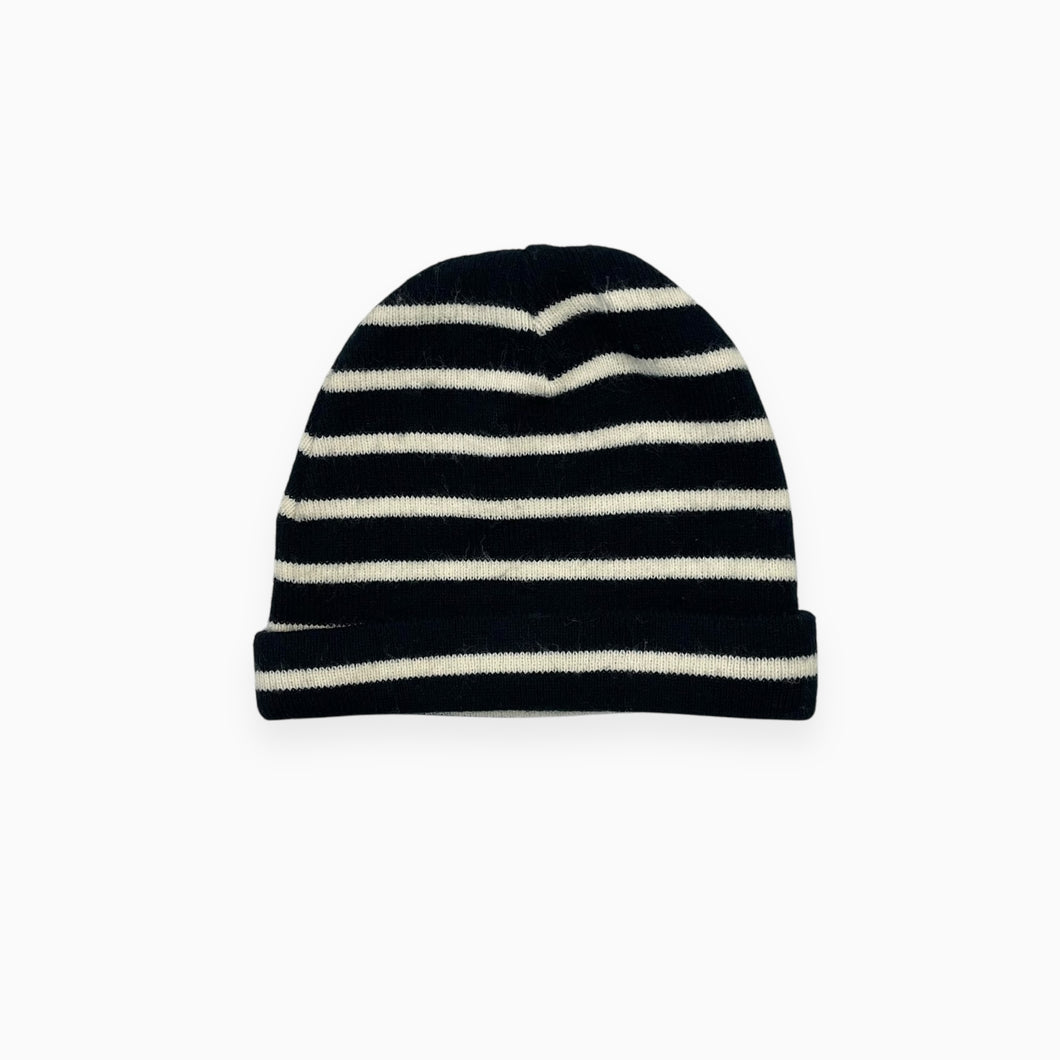 Tuque marine à rayures crèmes en tricot d'acrylique T1 (fit 6-12M)