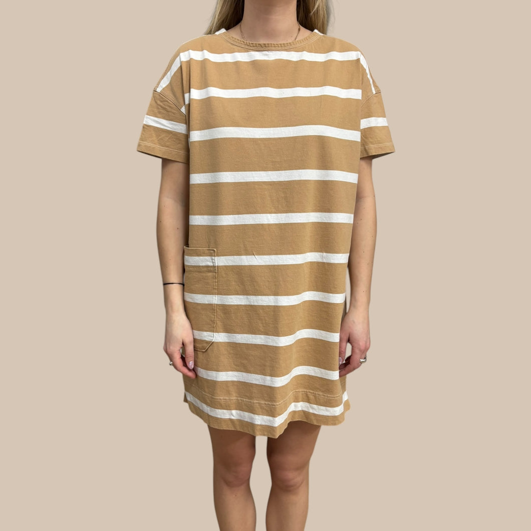 Robe t-shirt sable à rayures en coton avec poches pour femmes S