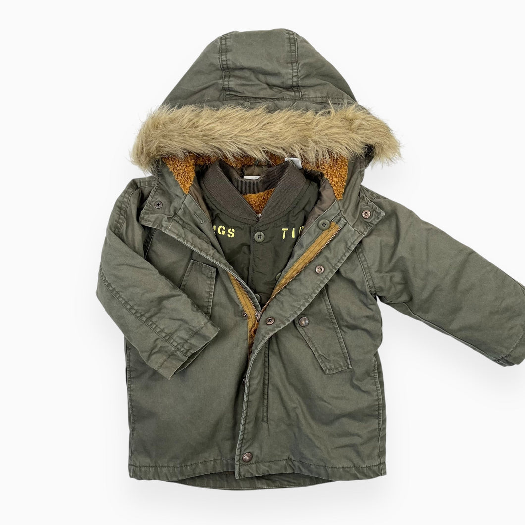 Manteau 3 en 1 vert khaki doublé en sherpa avec fausse-fourrure amovible 2-3Y