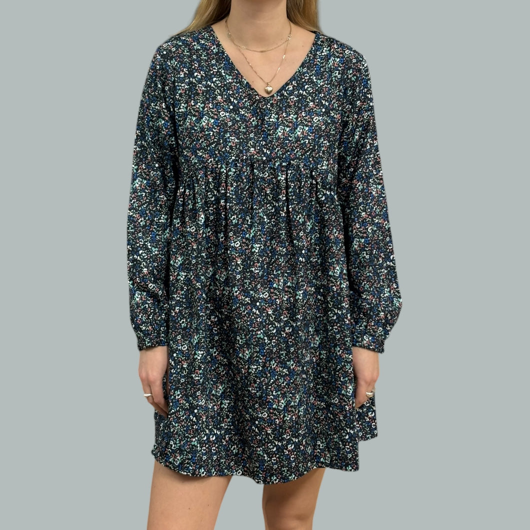 Robe noire en coton et poly à imprimé floral clay, vert et bleu pour femmes S