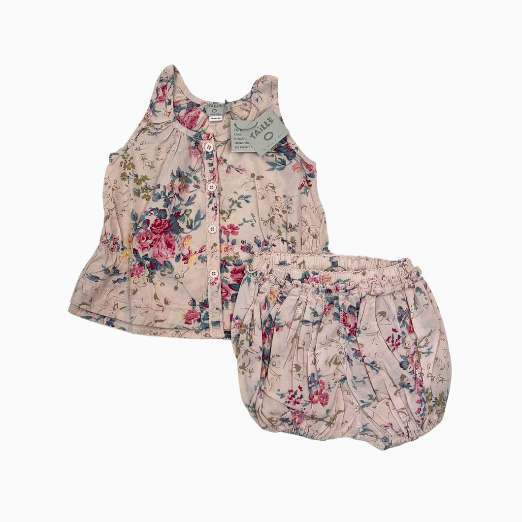 Ensemble rose pâle blouse sans manche et bloomer en coton à imprimé floral 3M