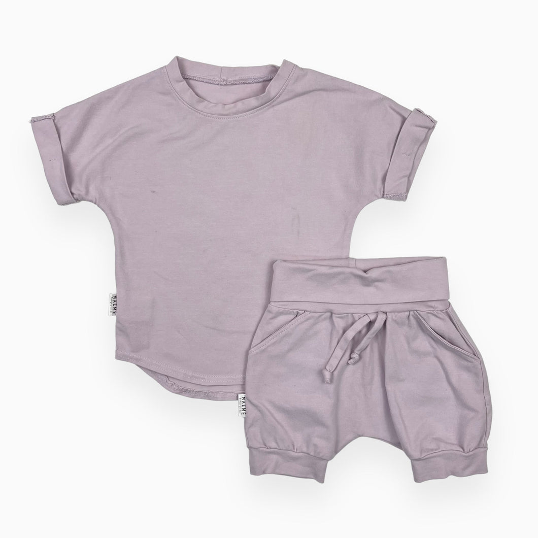 Ensemble lilas t-shirt et short en coton extensible 3-12M